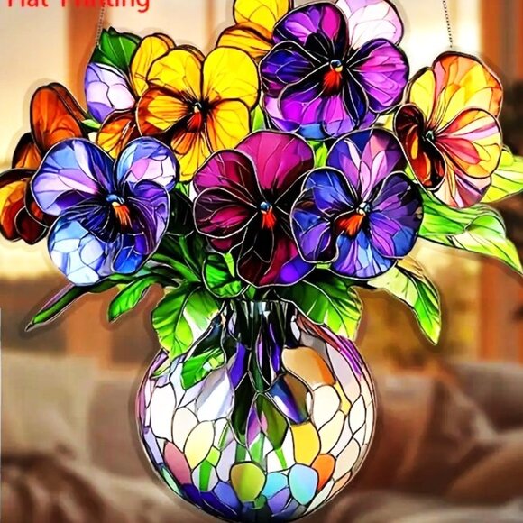 Suncatcher Flowers Pansy Floral Vase Hanging Window Decor Colorful Garden Spring - Picture 2 of 3